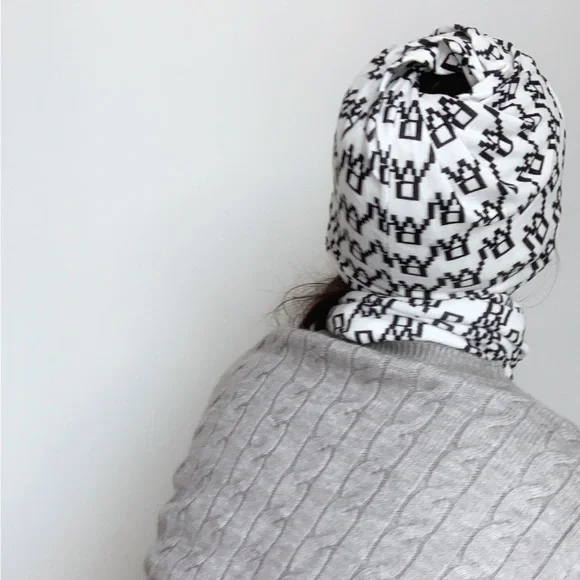 SOFT MONOGRAM KNIT BEANIE AND INFINITY NECK WARMER - WHITE BLACK PRINT 2 PIECE - Picture 8 of 8